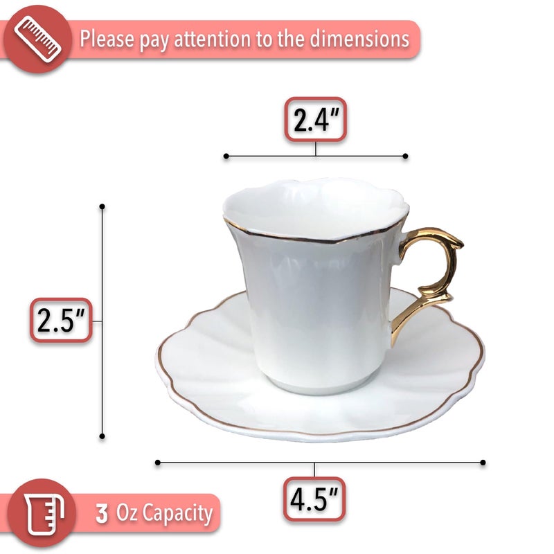 Brew To A Tea White Espresso Cups with Saucers, Set of 6 (3 oz), Porcelain Turkish Coffee Cup Set with Gold Trim Design & Gift Box, Dishwasher Safe, Christmas Gifts - Image 3